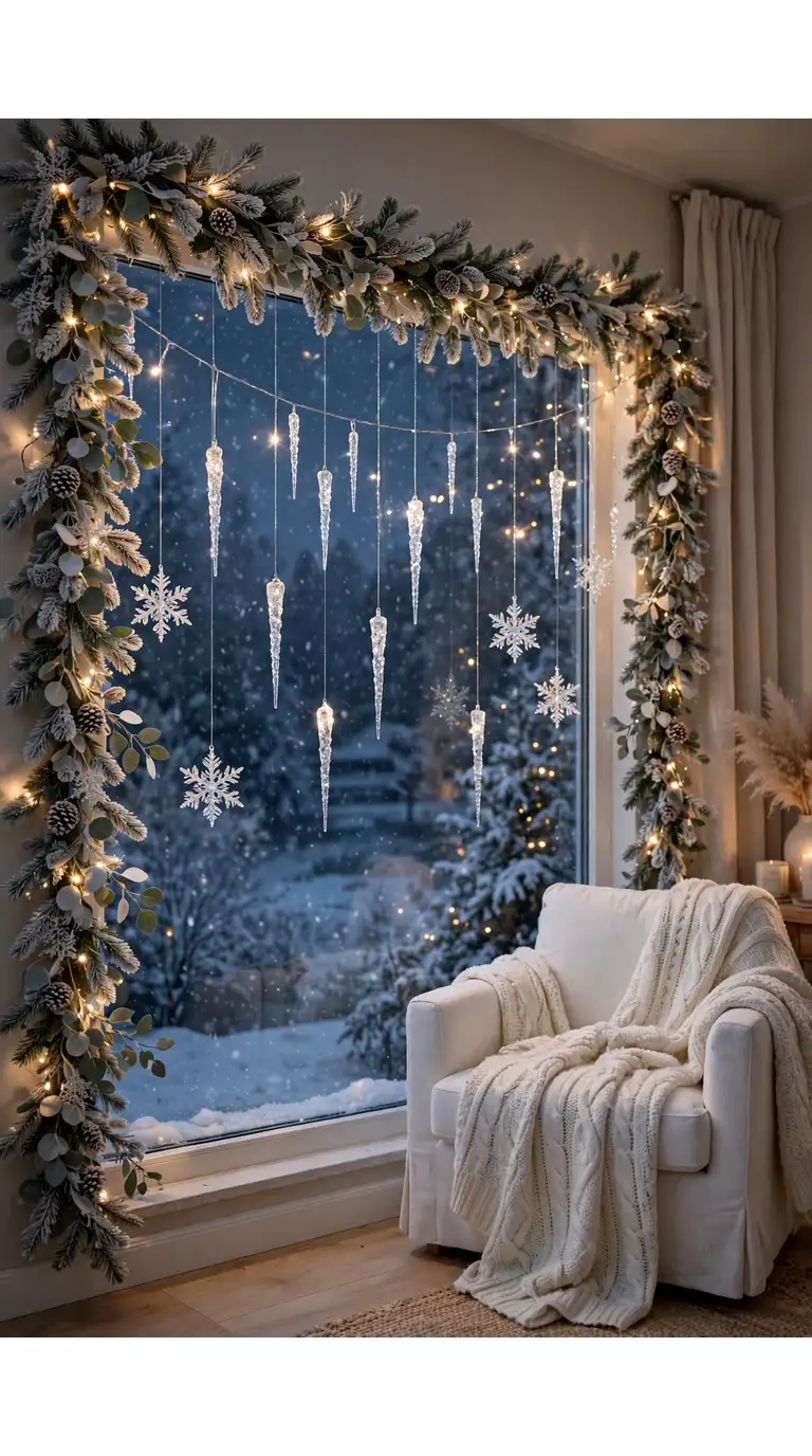 Window decorated with hanging crystal icicles, snowflakes and frosted eucalyptus garland