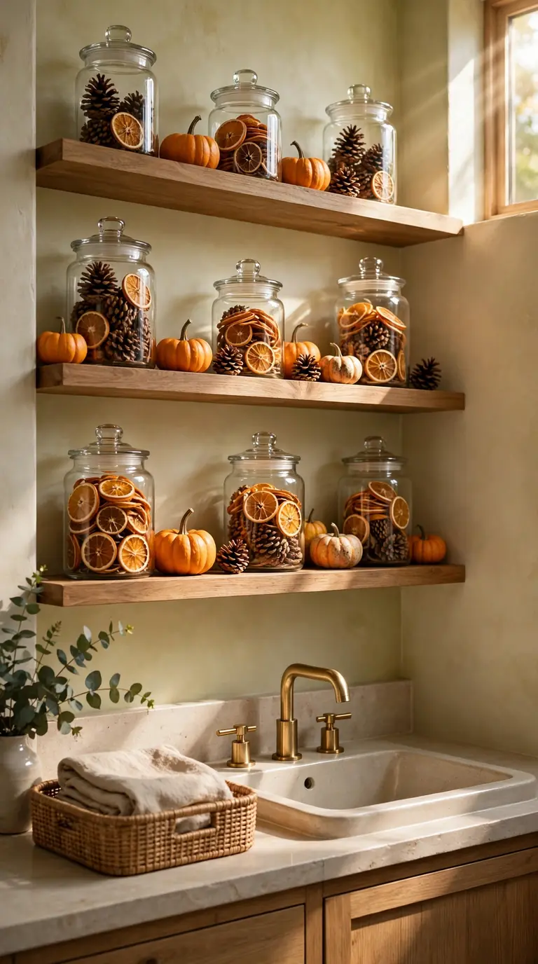15 Thanksgiving Bathroom Decor Ideas for a Warm Festive Welcome Open bathroom shelves with glass jars of pinecones, mini pumpkins and dried leaves for Thanksgiving