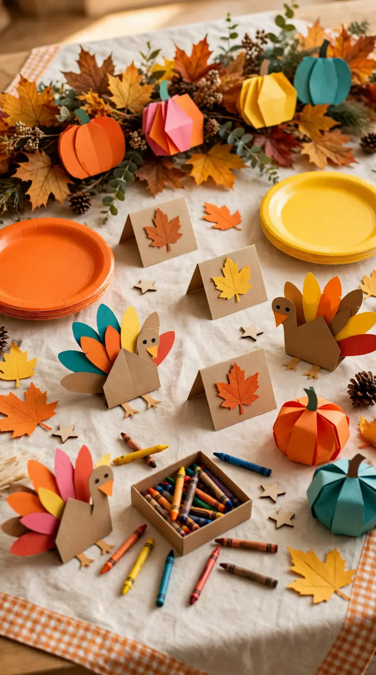 Kids Thanksgiving table with paper pumpkins, leaf garlands, and colorful plates