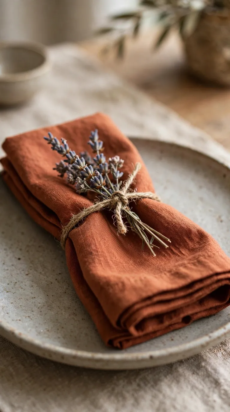Rust coloured linen napkin tied with twine and dried lavender on stoneware
