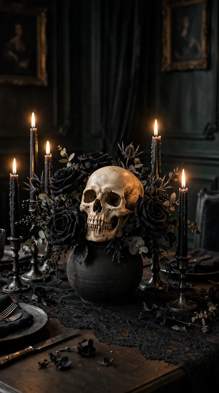 Gothic Halloween centrepiece with a decorative skull and black roses