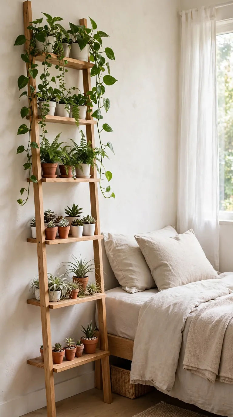 Small bedroom with vertical wall shelves holding rows of small potted plants