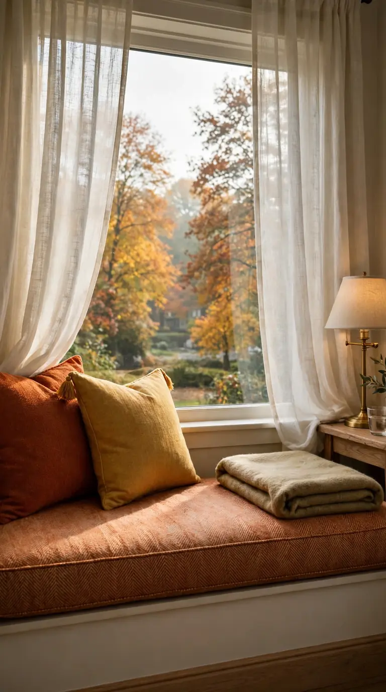 Guest room window seat with autumn cushions, blanket, and reading lamp