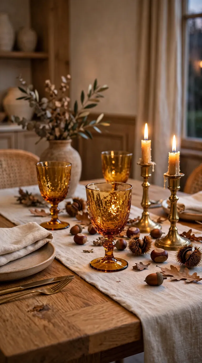 Amber glass goblets catching candlelight among acorns and chestnuts
