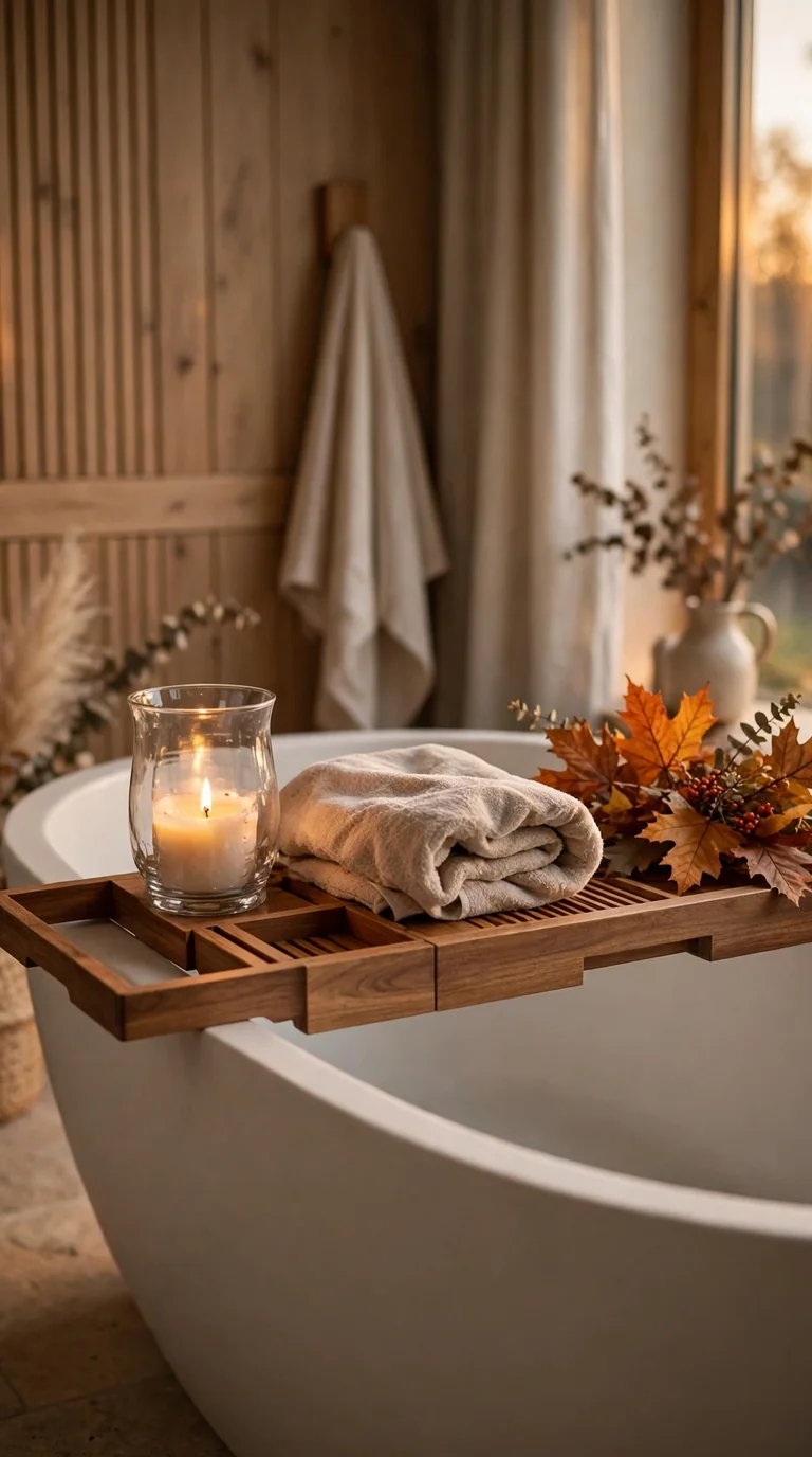 15 Thanksgiving Bathroom Decor Ideas for a Warm Festive Welcome Thanksgiving bathroom tub tray with candles, a folded towel and fall foliage beside a soaking tub