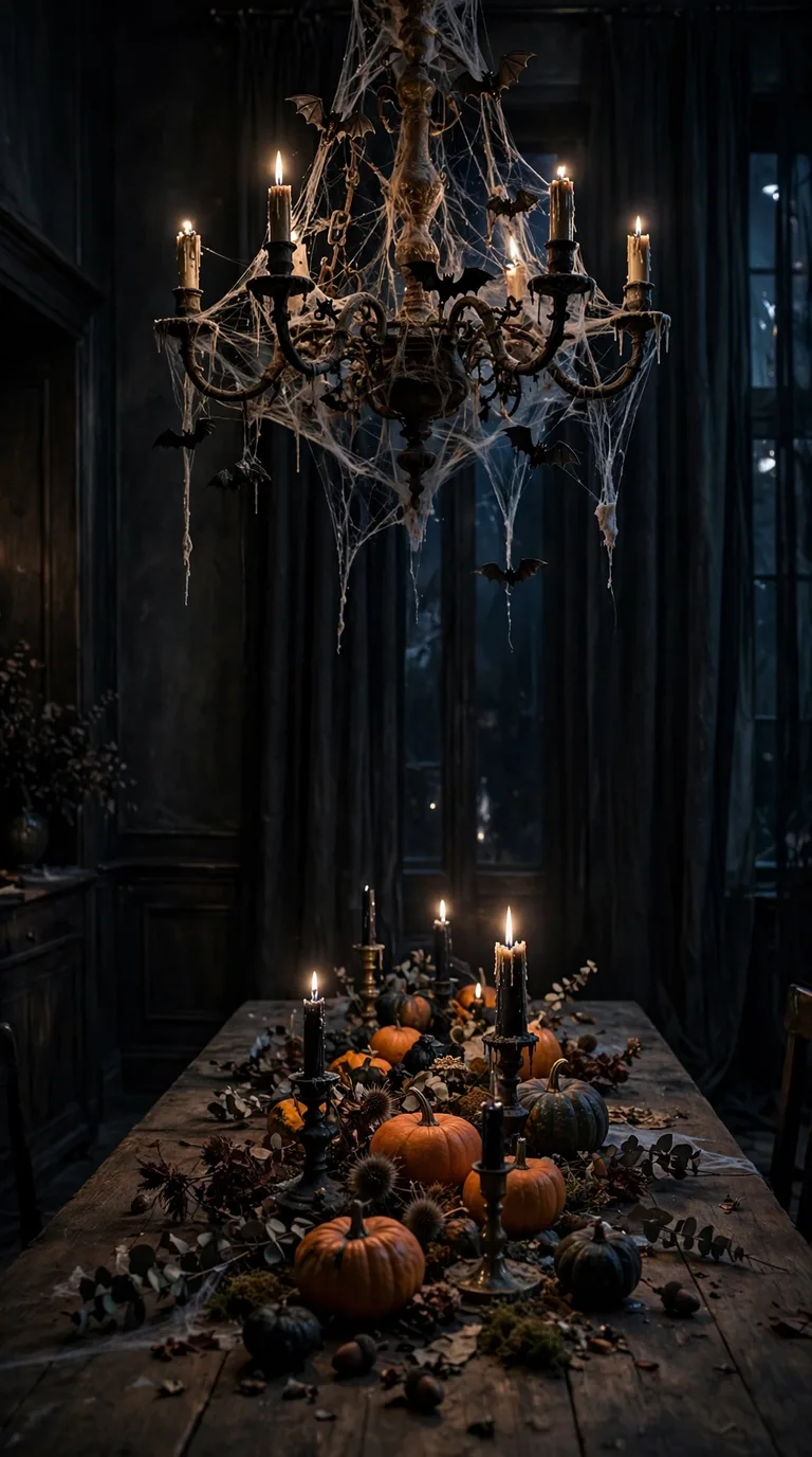 Halloween dining table under a cobweb-draped chandelier with bat decorations