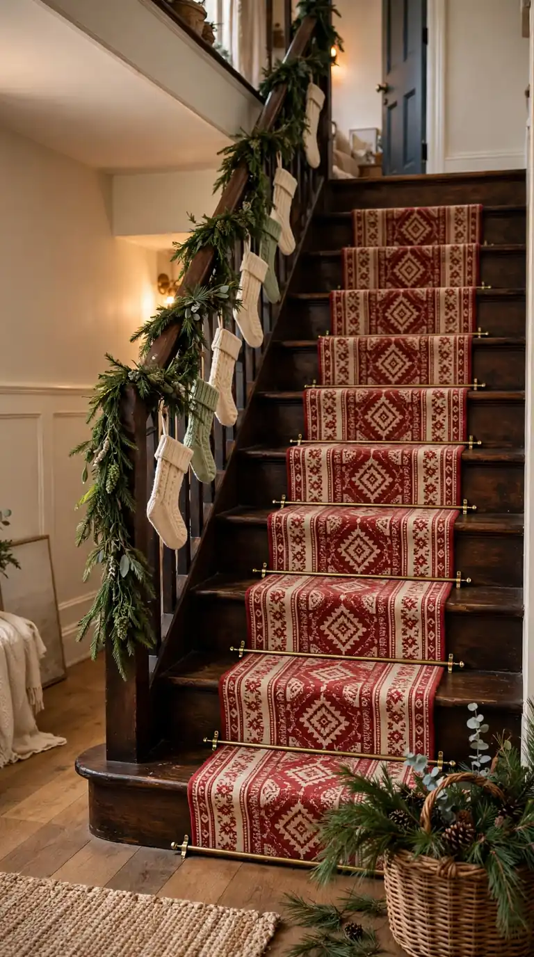Staircase with a patterned red and cream holiday runner on dark wood steps and simple greenery on the banister