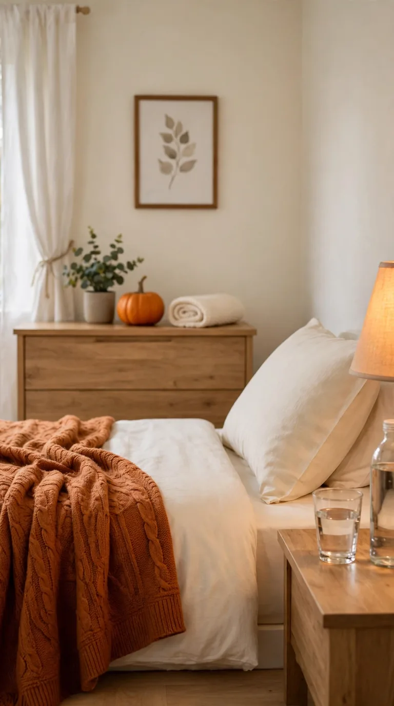 Freshly refreshed guest room with clean bedding, autumn throw, and small pumpkin on dresser