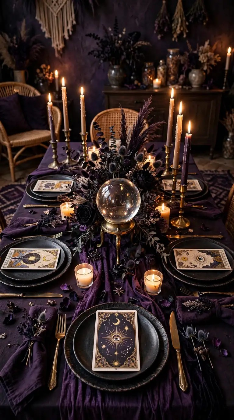 Mystical fortune-teller Halloween dinner table with crystal ball and tarot place cards