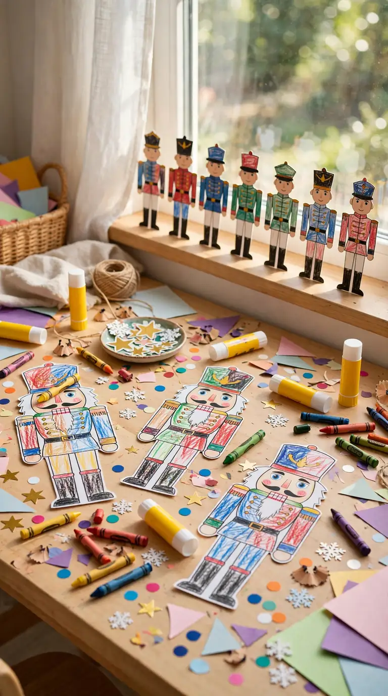 Kids craft table with paper nutcracker cutouts, crayons and finished soldiers lined on a windowsill