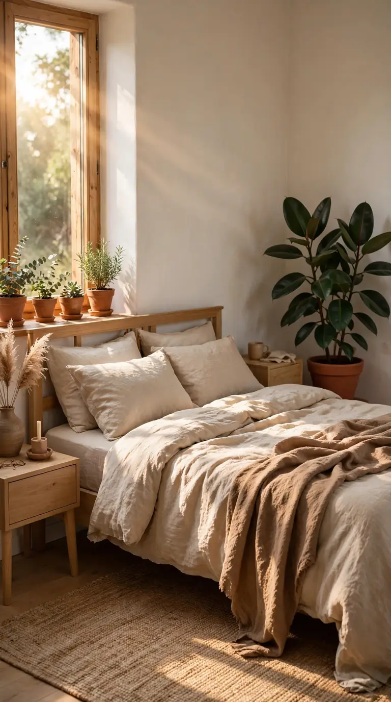 Warm earthy bedroom with terracotta pots, linen bedding and green plants