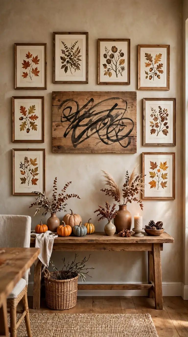 Gallery wall of botanical fall prints above a console with pumpkins