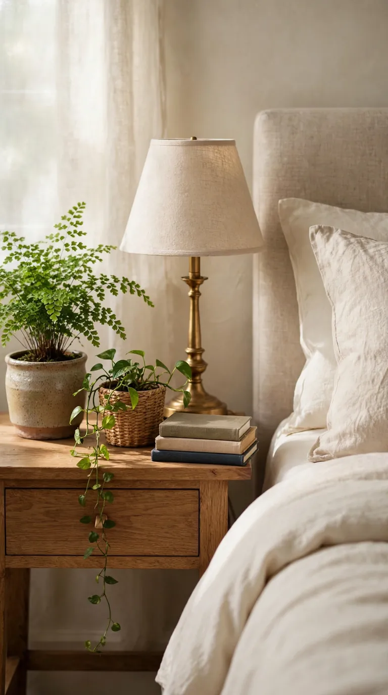 Bedside table with small potted succulents and trailing pothos near bed