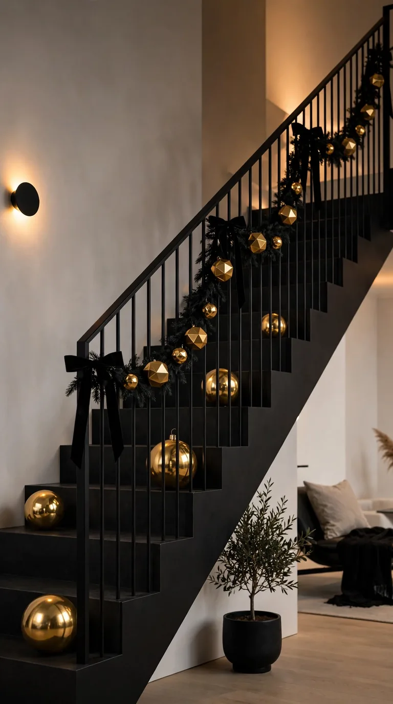 Modern black and gold Christmas staircase with a sleek black railing, matte black garland and glossy gold geometric ornaments