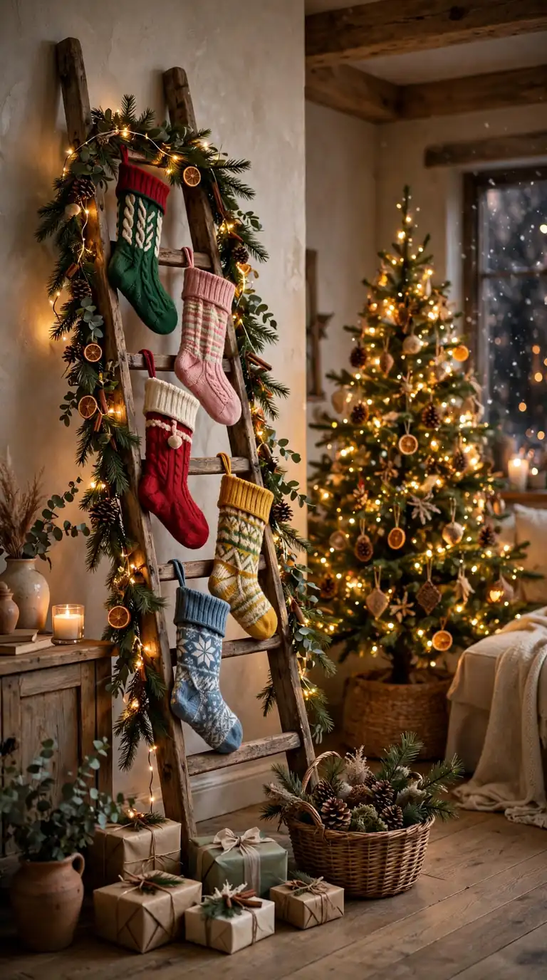 Ladder stocking display christmas living room decor