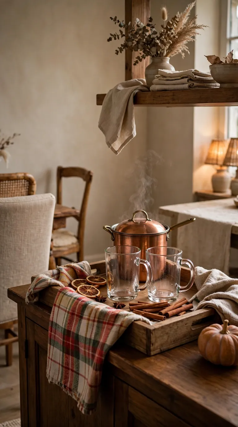 Hot cider station with mugs, cinnamon sticks and plaid cloth in a dining room