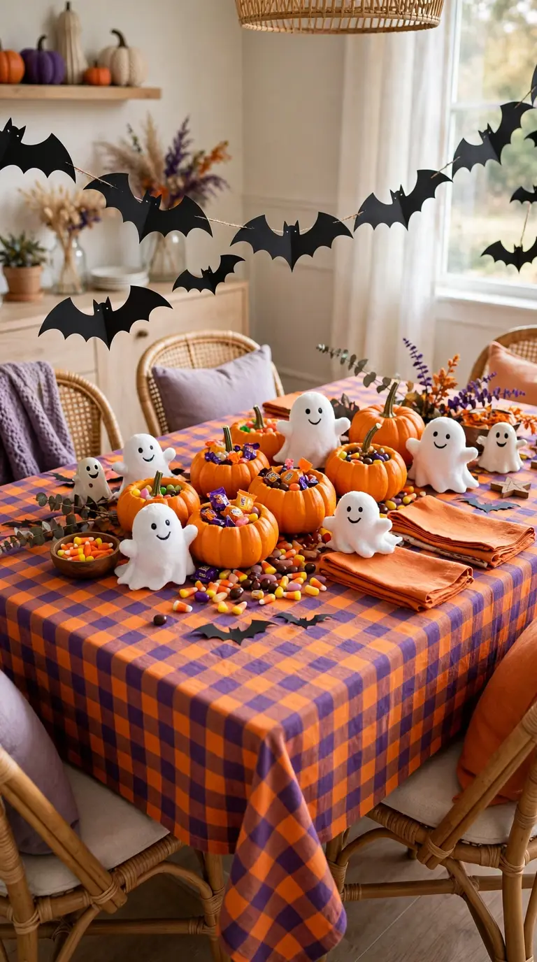 Kid-friendly Halloween dining table with smiling ghosts and candy pumpkins