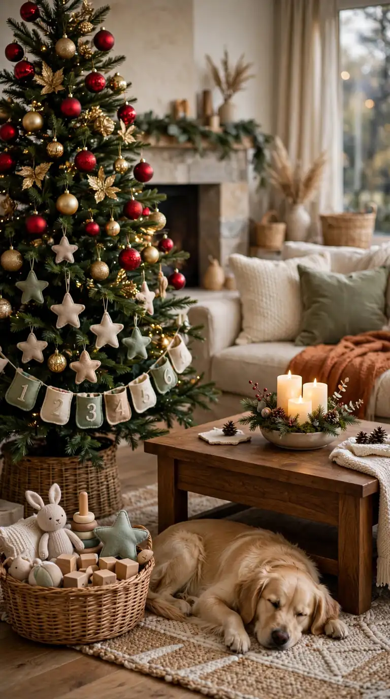 Kid and pet friendly christmas living room decor with shatterproof ornaments