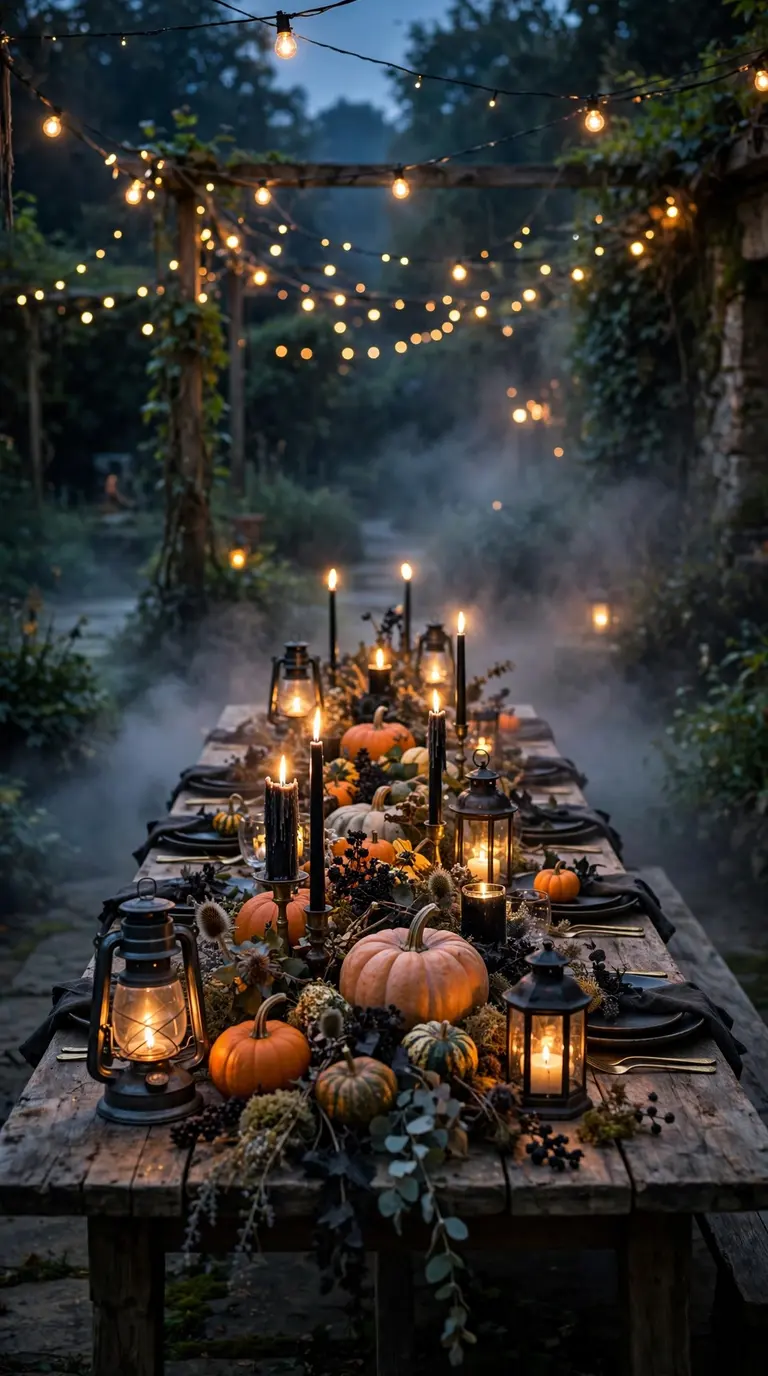 Outdoor haunted patio Halloween dinner at dusk with string lights and fog