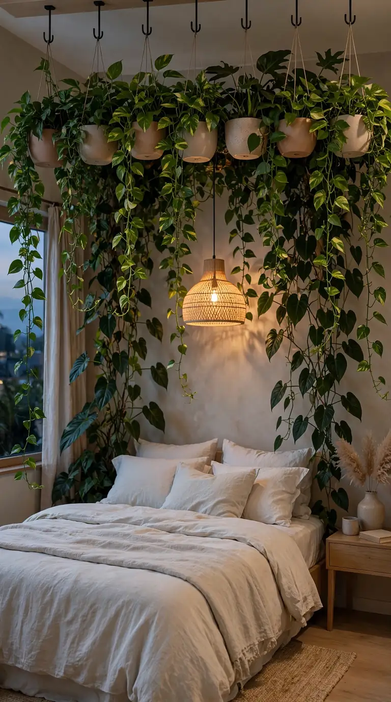 Bedroom with trailing plants hanging above bed forming green canopy