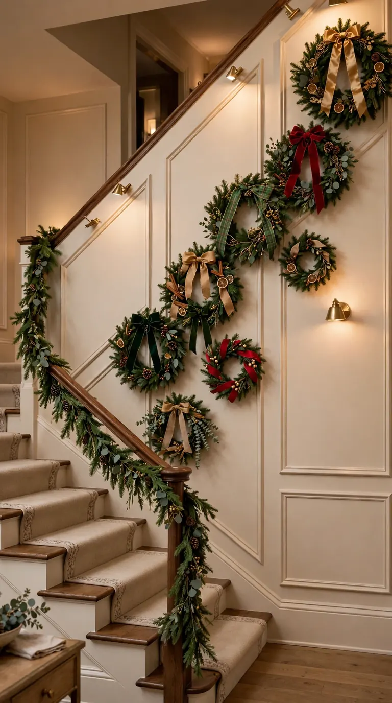 Staircase with small wreaths in red, gold and green ribbons cascading up the stairwell wall above a simple garland