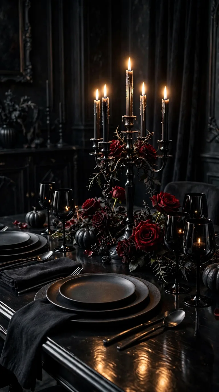 All-black Halloween dining table setting with matte black plates and candlelight