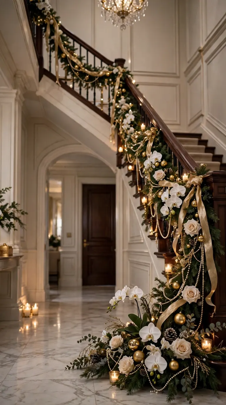 Elegant staircase with champagne garland, gold ribbon, white flowers and pearl strands on a dark wood banister