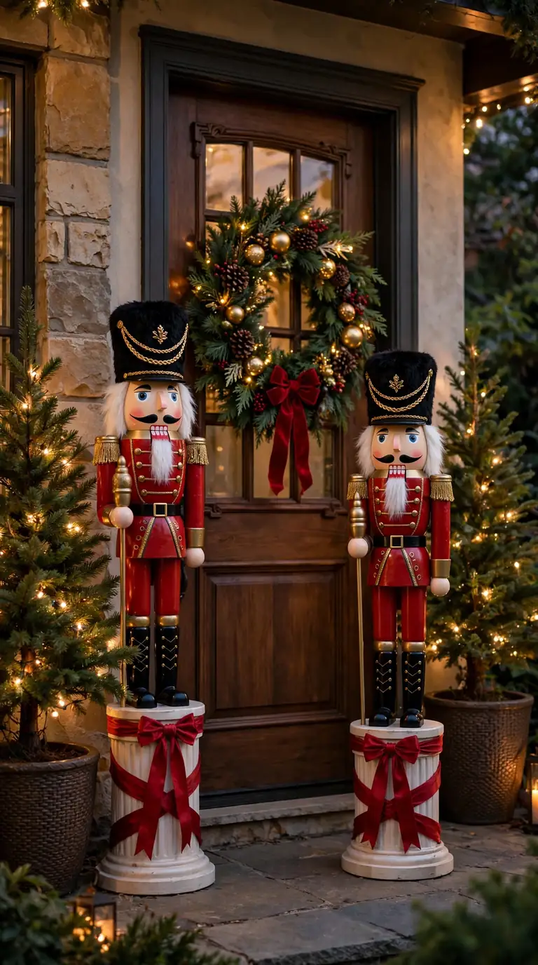 Life-size nutcracker soldiers standing on pedestals beside a front door with lit evergreen planters