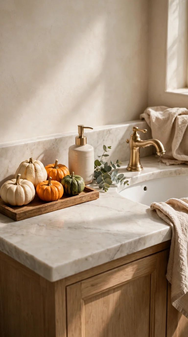 15 Thanksgiving Bathroom Decor Ideas for a Warm Festive Welcome Thanksgiving bathroom vanity tray styled with mini pumpkins, gourds and a small candle