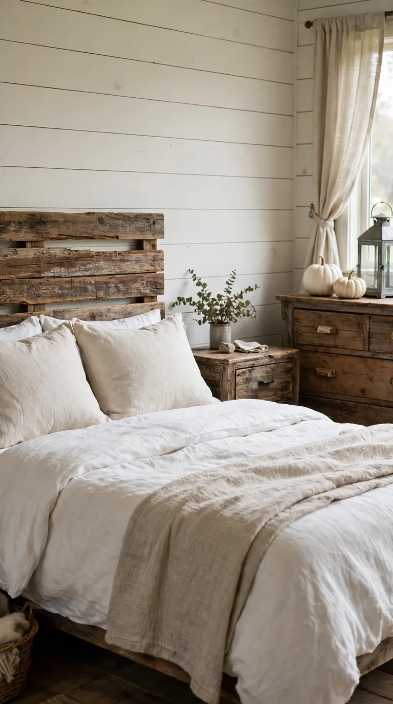 Rustic farmhouse guest room with wooden headboard, white linen bedding, and small pumpkins