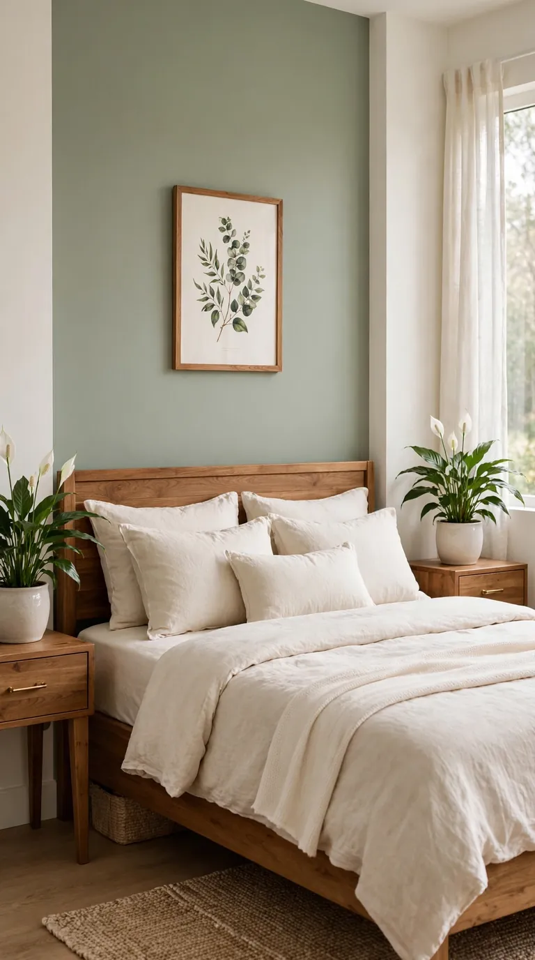 Bedroom with sage green accent wall behind bed styled with potted plants