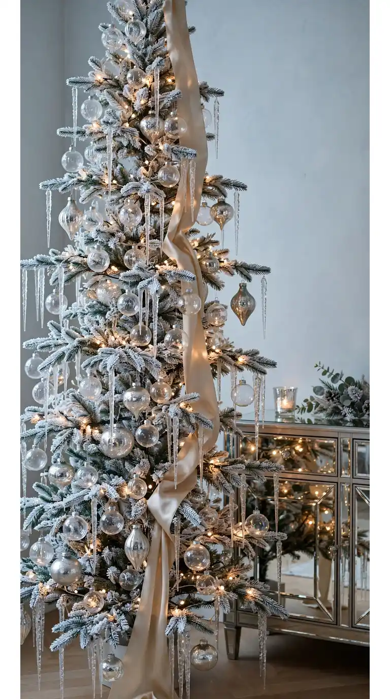 Christmas tree decorated with clear glass baubles and silver icicle ornaments