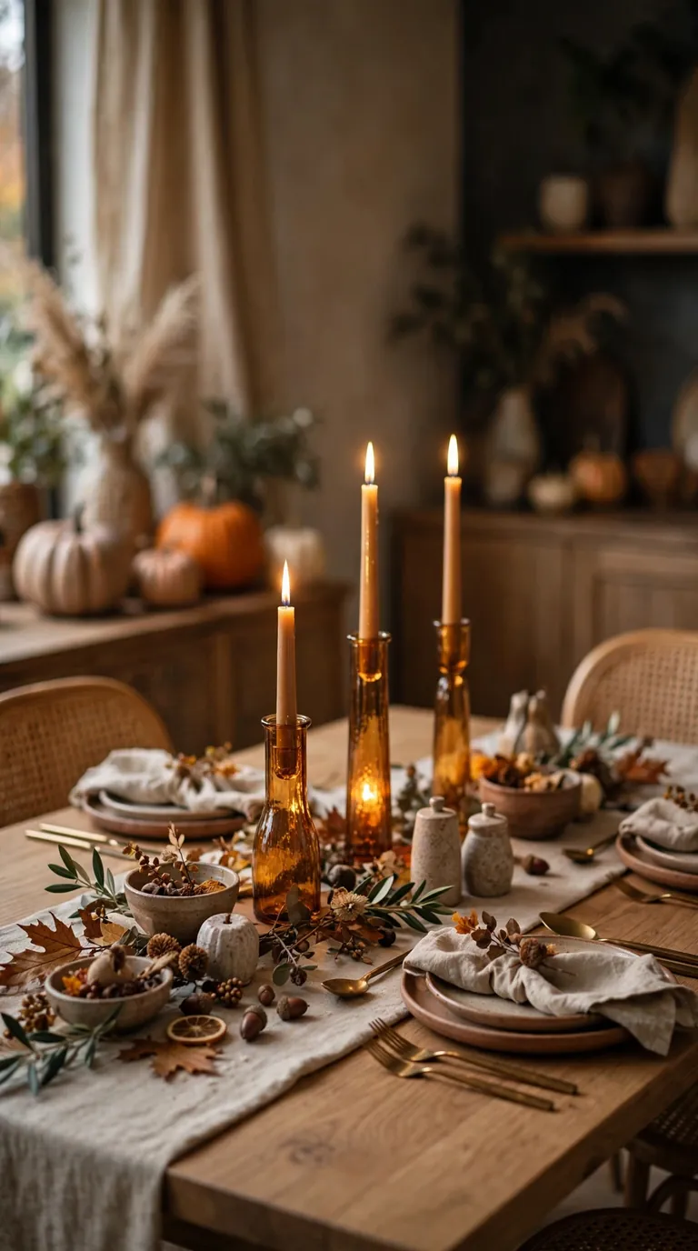 Amber glass taper candles lit on a Thanksgiving dining table