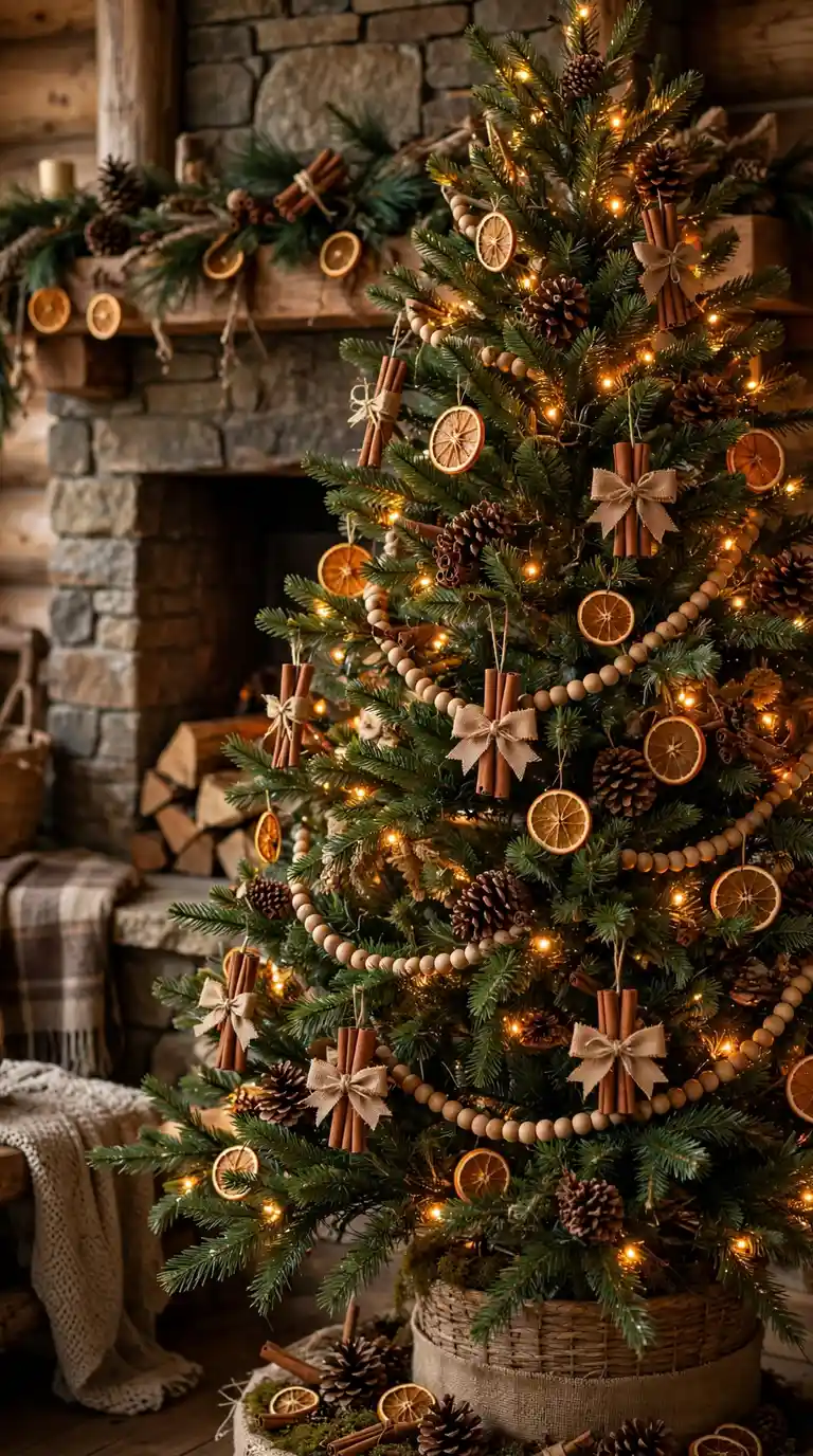 Woodland Christmas tree with pinecones, dried orange slices and burlap bows