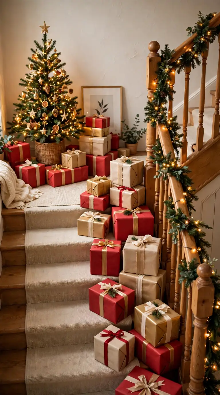 Staircase landing styled with wrapped presents in red, gold and cream, a lit mini tree and simple garland on the banister