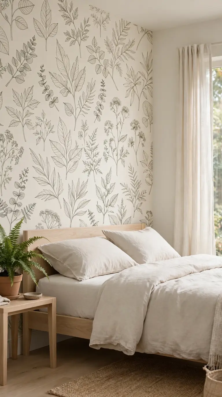 Bedroom feature wall with botanical leaf wallpaper and light wooden bed frame