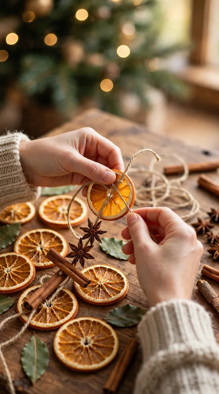 Hands threading dried orange slices and cinnamon sticks onto twine for a Christmas garland