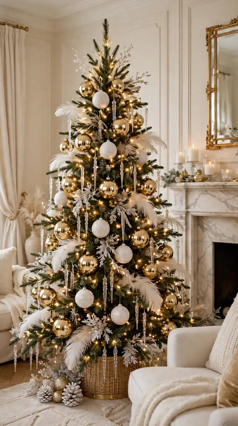 Glam gold and white Christmas tree with mirrored baubles and crystal icicles