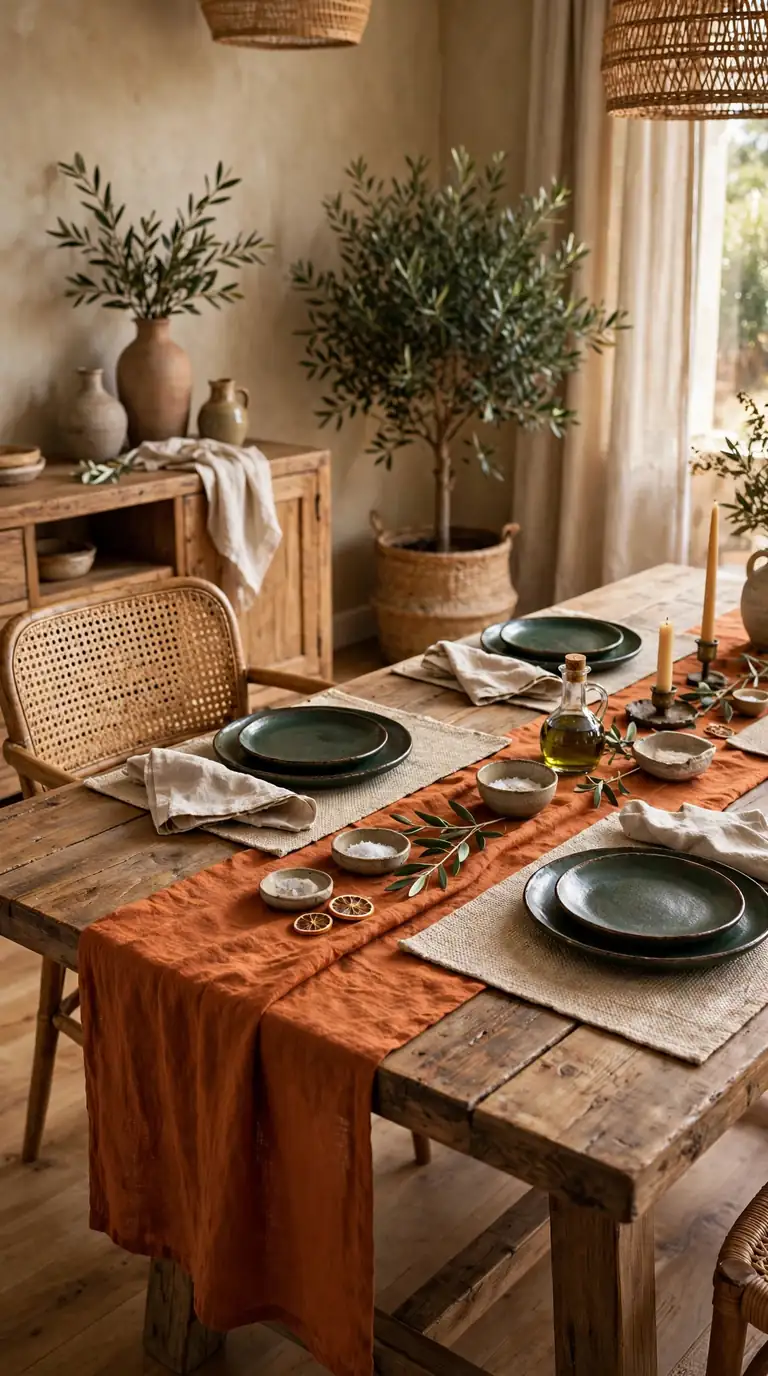 Layered autumn tablescape with burnt orange runner, placemats and dark green plates