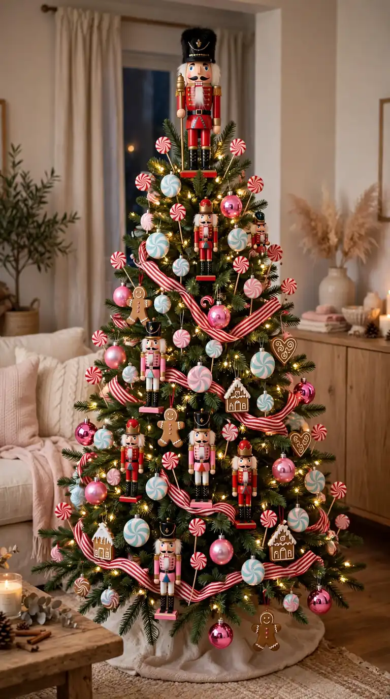 Christmas tree decorated with nutcracker ornaments, peppermint picks and pink baubles in candy colors