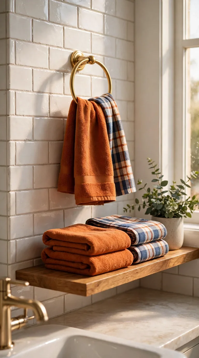 15 Thanksgiving Bathroom Decor Ideas for a Warm Festive Welcome Thanksgiving bathroom with plaid and burnt orange hand towels folded on a towel ring and open shelf
