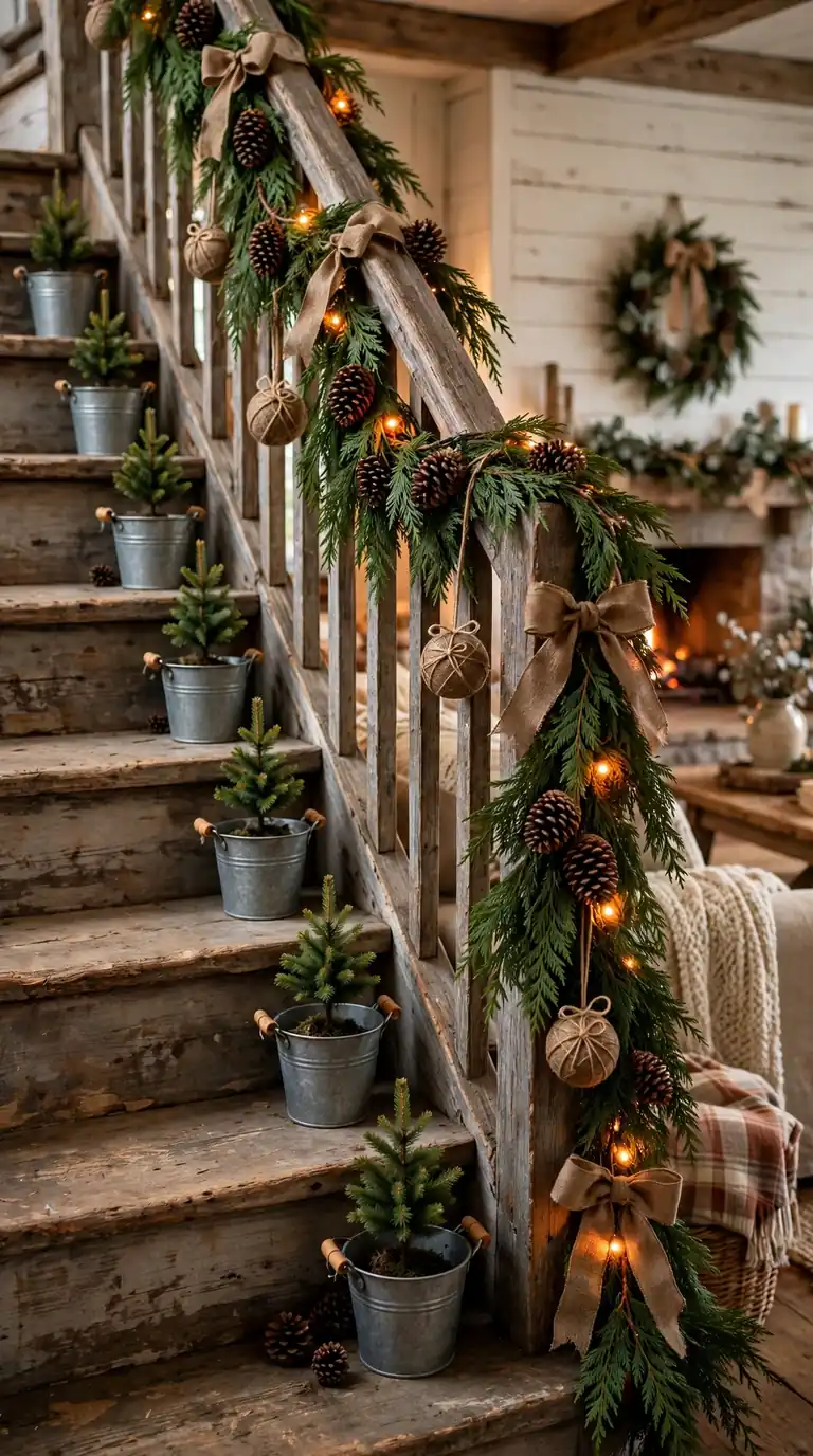 Rustic farmhouse staircase with cedar garland, burlap ribbon bows, pinecones and mini pine trees in buckets on the steps
