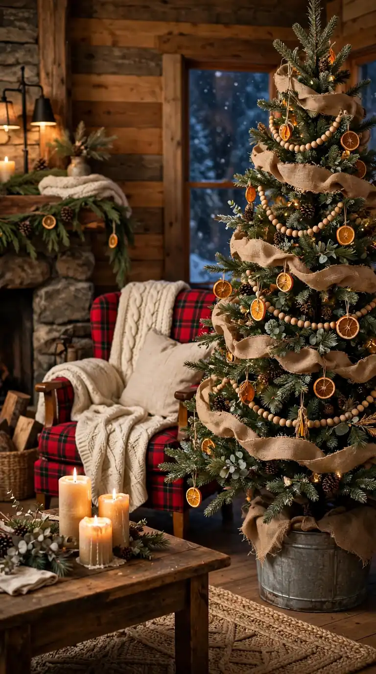 Rustic farmhouse christmas living room decor with burlap ribbon tree