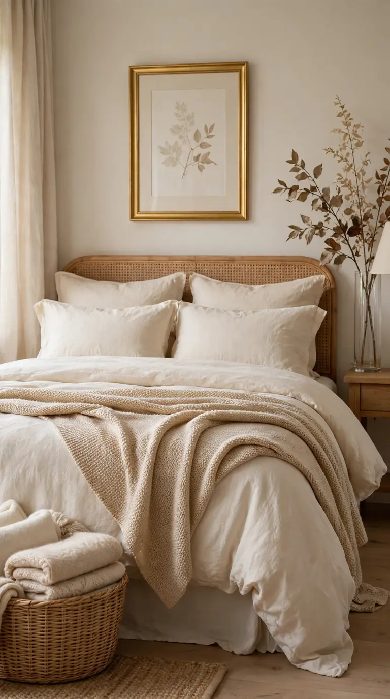 Soft neutral guest room with cream bedding, gold lamp, and champagne throw