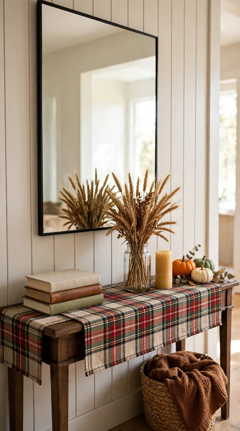 Thanksgiving entryway console table styled with a plaid runner, dried wheat and mini pumpkins