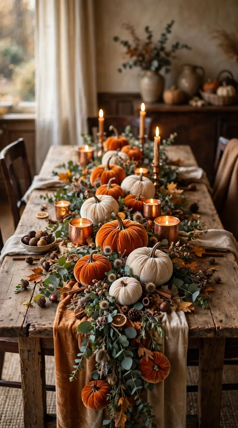 Harvest Halloween dining table with velvet pumpkins, eucalyptus garland and copper candles