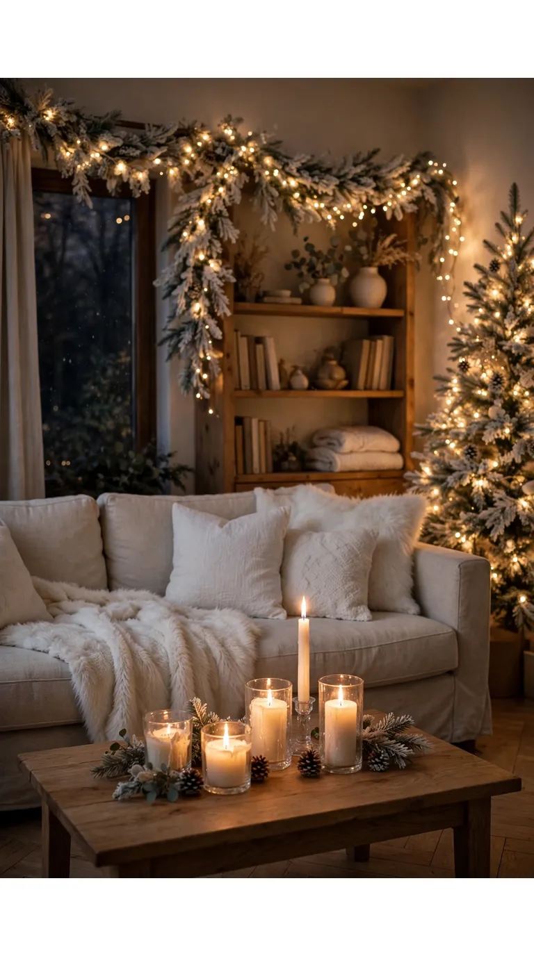 Cozy living room with warm white fairy lights and white Christmas decor glowing at night