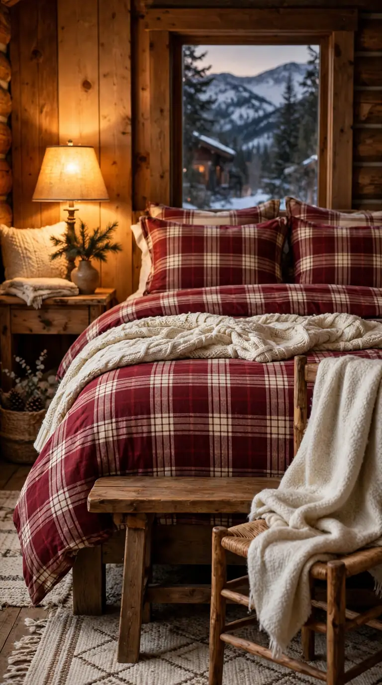 Cabin inspired guest room with flannel check bedding and chunky knit throw