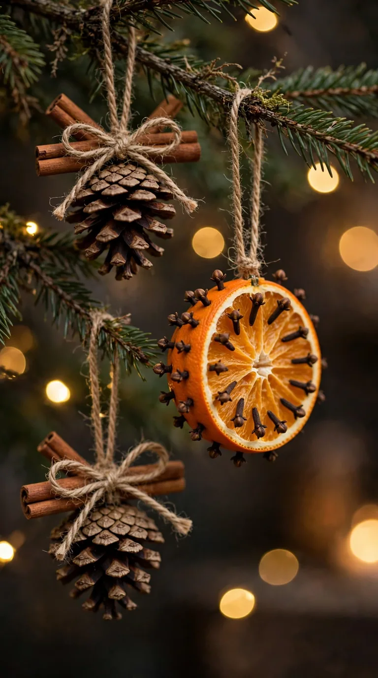 Handmade Christmas ornaments from pinecones, cinnamon sticks and clove-studded oranges on twigs