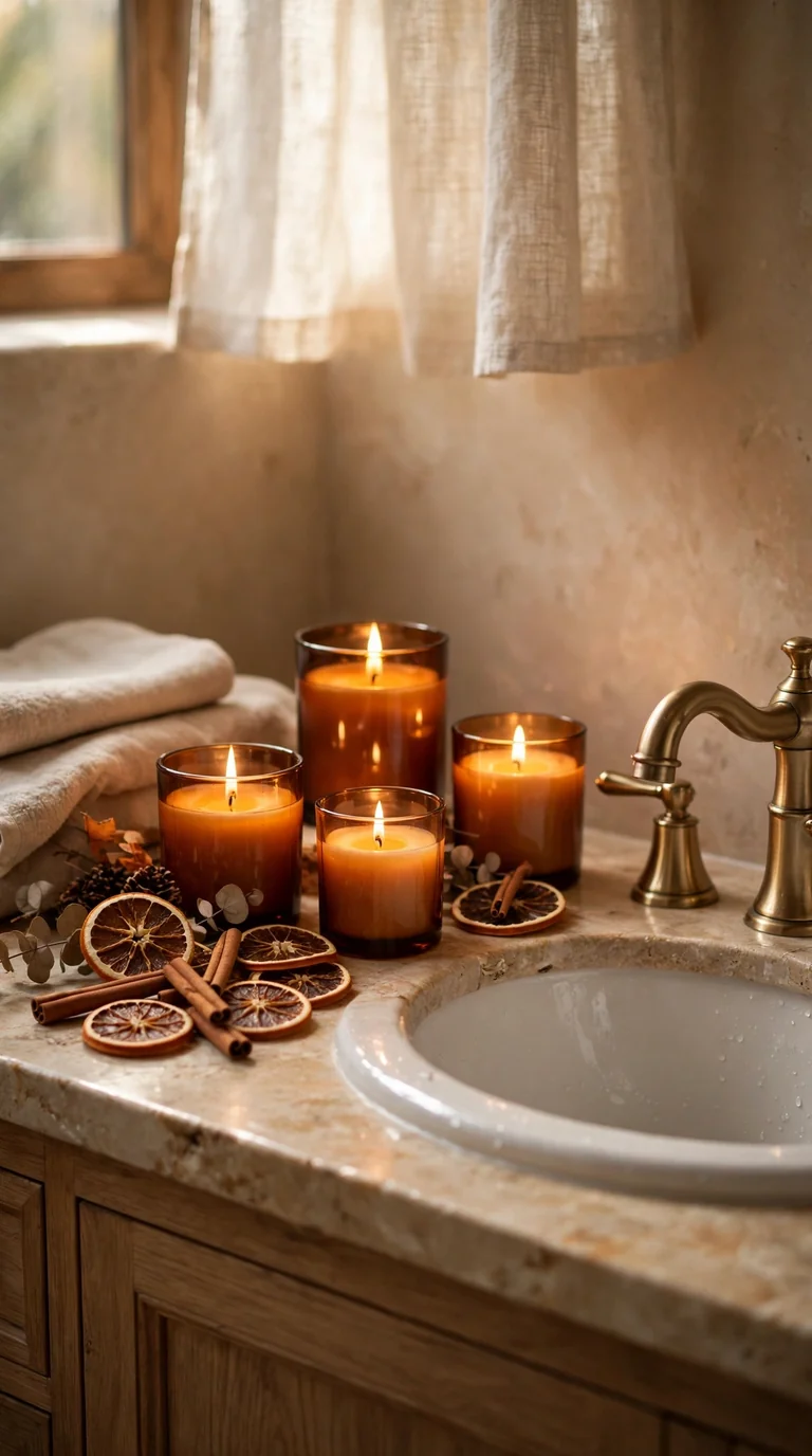 15 Thanksgiving Bathroom Decor Ideas for a Warm Festive Welcome Fall scented candles in amber glass beside a bathroom sink with dried orange slices and cinnamon sticks